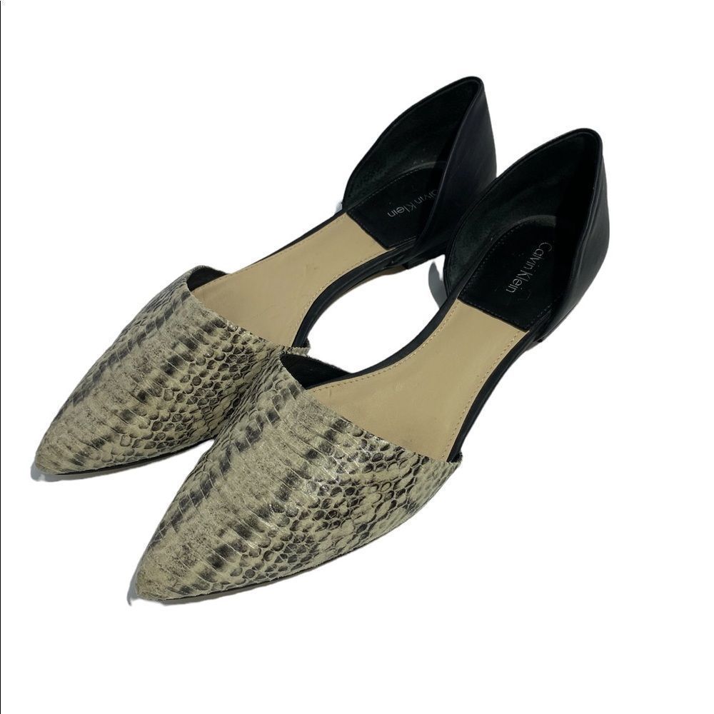 Calvin Klein Snake-Print Pointed Toe Flats in Black and Beige